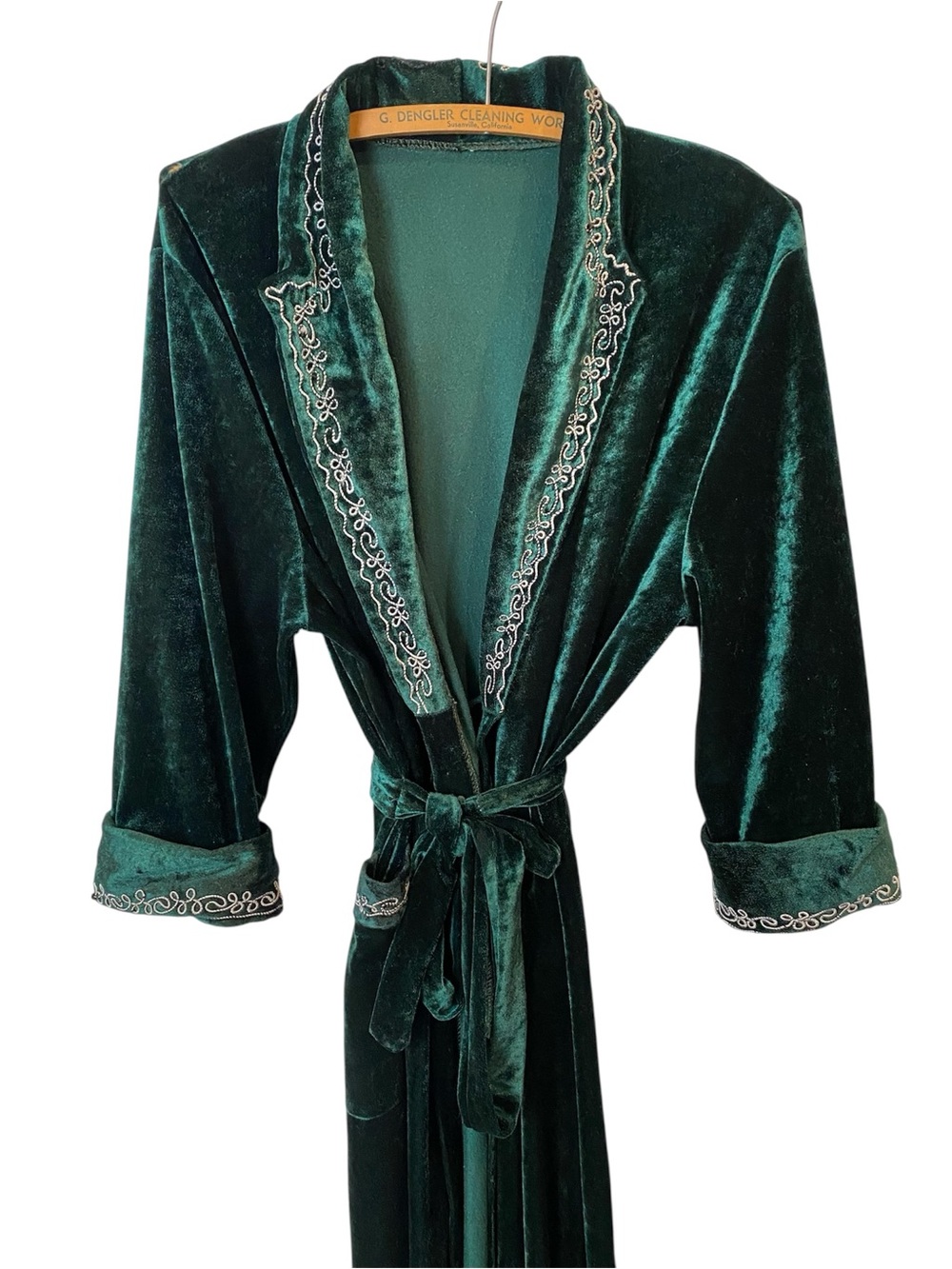 Vintage 1980s Luxe Velour Emerald Green Robe Embroidered